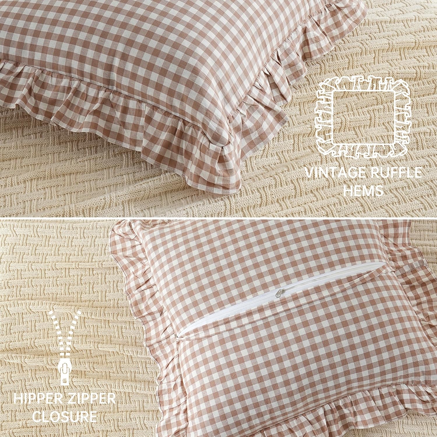 Tan Gingham Throw Pillow Covers 100% Washed Cotton Like Linen Feel Soft Comfy Ruffle Farmhouse Fall Decorative Pillow Cases Sham Set of 2 for Couch Sofa Bed (18x18 Inches, Zipper Closure)