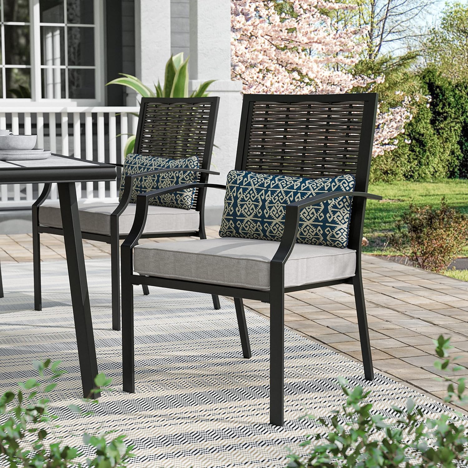 Greemotion USA Sinta 2-Piece Outdoor Metal Dining Chairs Set with Armrest Cushions Accent Pillow Patio Seating for Deck, Backyard, Lawn, Garden, Black and Gray