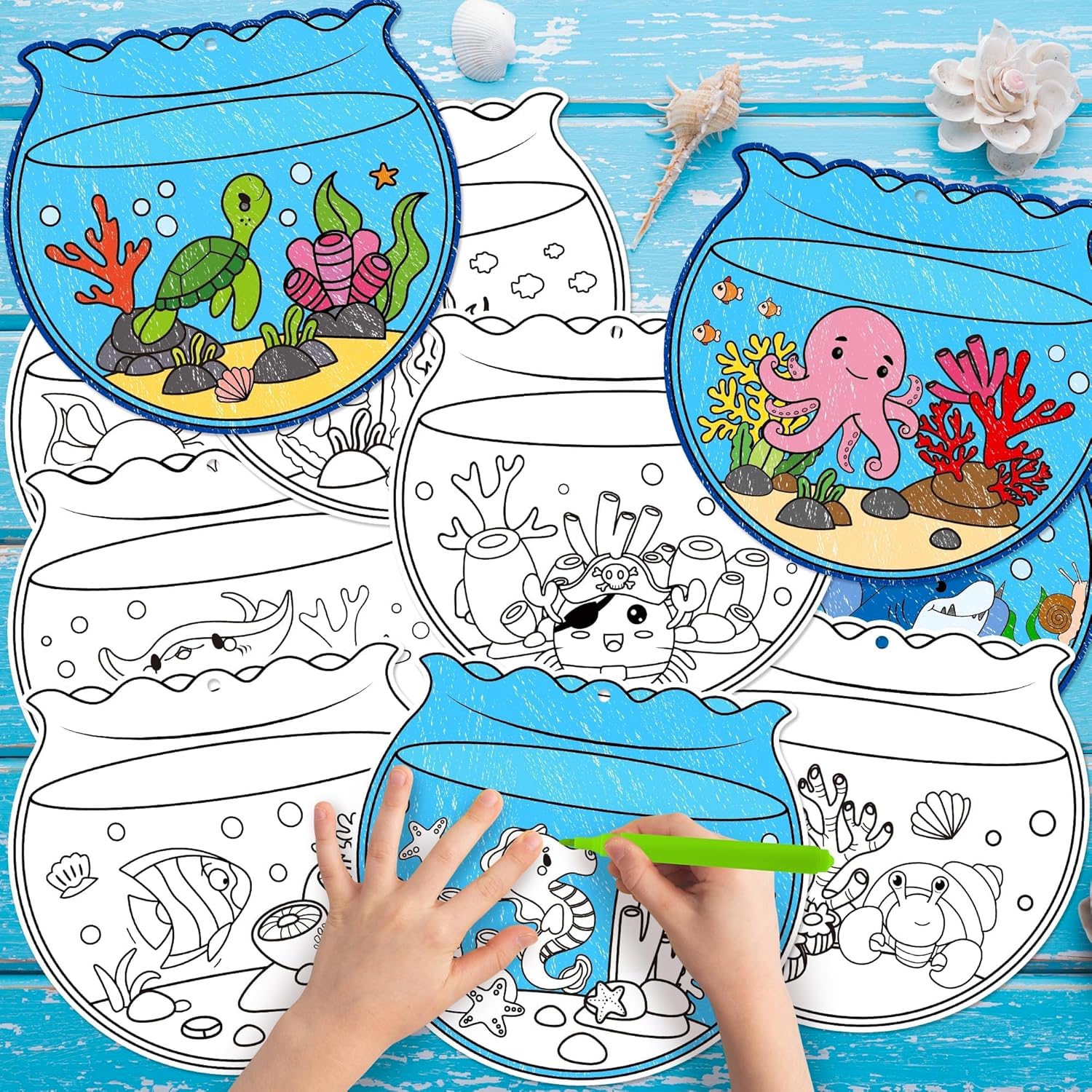 ANGOLIO Summer Coloring Ornament Crafts Kits - 83 Summer Fishbowl Color Your Own Painting Hanging Ornaments, DIY Ocean Animals Paper Party Game Birthday Gift Cards, DIY Paper Craft Rewards Party Favor