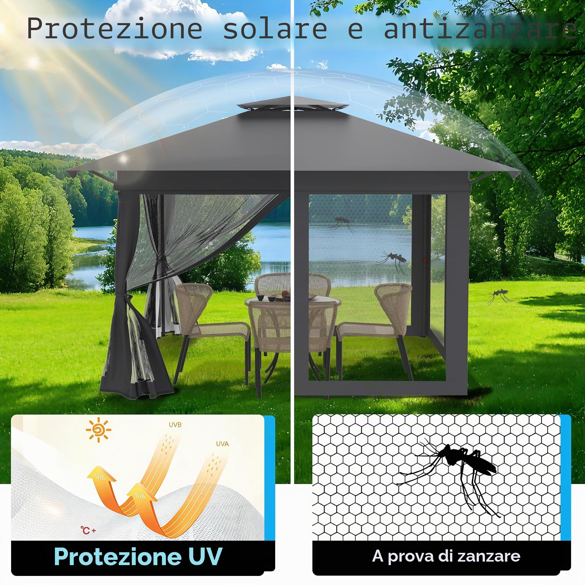 FIVMEN Gazebo pop-up 4 x 4, stabile, resistente all'inverno, pieghevole, regolabile in altezza, con doppio tetto e 4 zanzariere laterali, gazebo da giardino con borsa per il trasporto, antracite