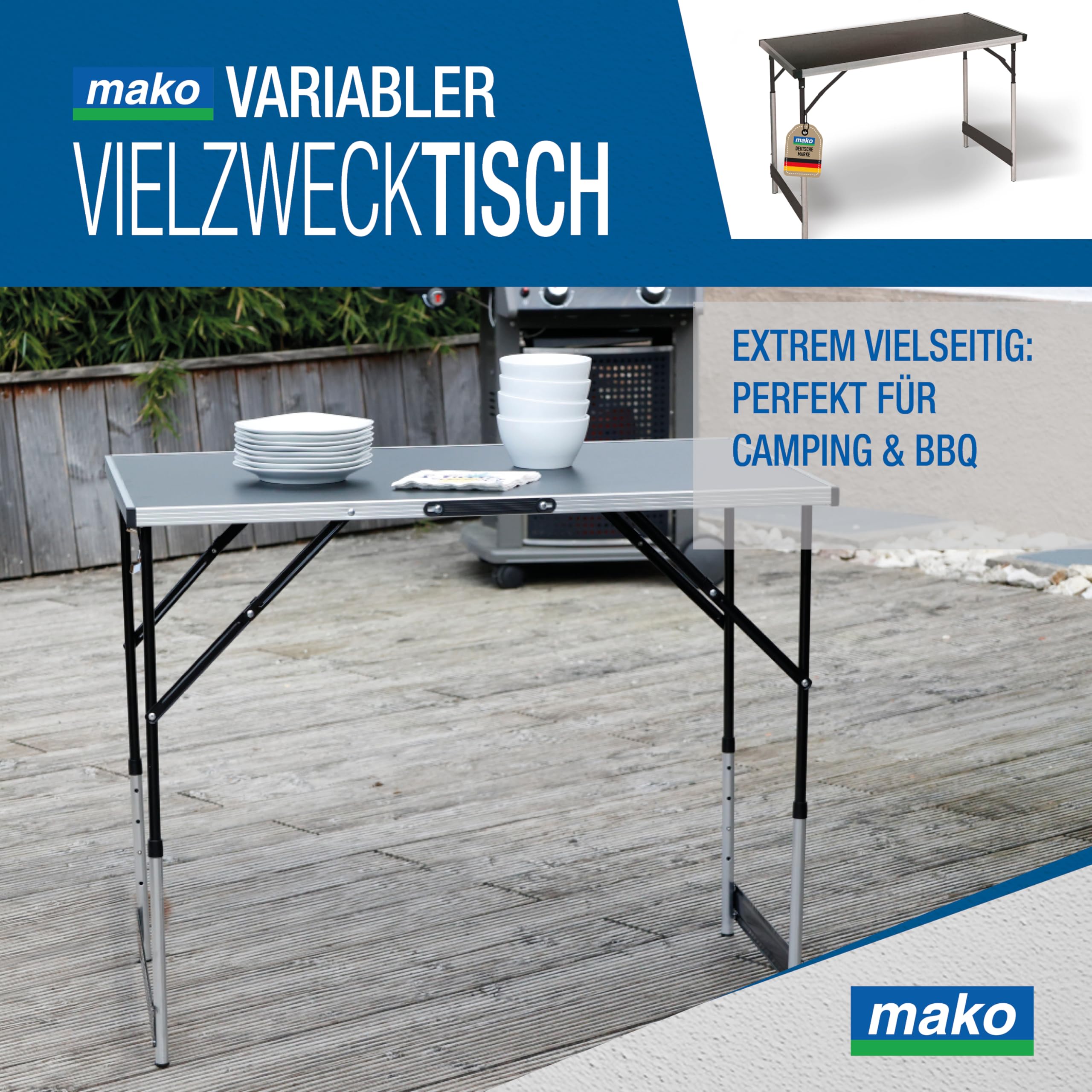 mako Multifunktionstisch Profi – Höhenverstellbarer Mehrzwecktisch 60 x 100 cm - Campingtisch, Klapptisch Markttisch, Beistelltisch zum Campen, im Garten oder für Festivals und Märkte