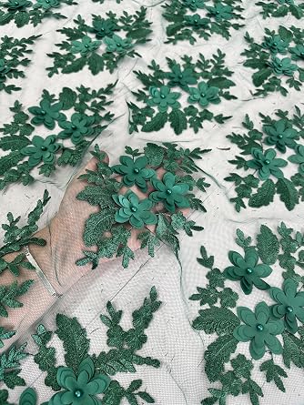 Deluxe 3D Floral Mesh Bridal Lace Fabric - Tear Resistant - 2 Way Stretch Laces Fabric - Scalloped Edges - Polyester Mesh - Apparel, Curtains, or Crafts - Lightweight - 55" Wide - 1 Yard Kelly Green