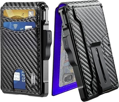 umoven Wallet for Men - with Money Clip Slim Leather Slots Credit Card Holder RFID Blocking Bifold Minimalist Wallet Carbon Black and Blue