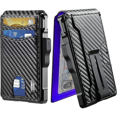 umoven Wallet for Men - with Money Clip Slim Leather Slots Credit Card Holder RFID Blocking Bifold Minimalist Wallet (Carbon Black and Blue)