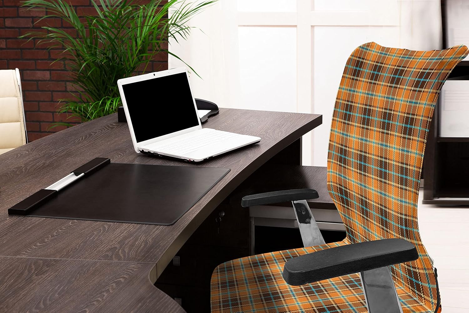 Ambesonne Brown Plaid Office Chair Cover, Tartan Style Lines in Retro Earth Tones and Aquatic Color Detail, Stretchable Decorative Universal Size High Back Printed Slipcover, Brown Orange