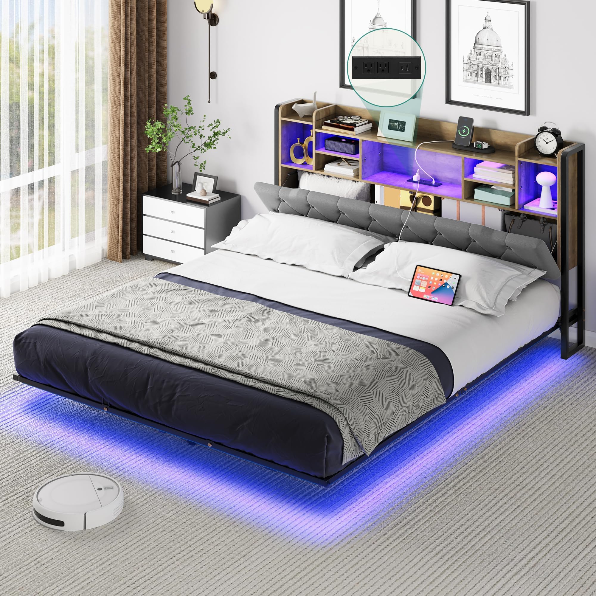 YITAHOME Full Floating Bed Frame & Charging Station, Upholstered Platform Bed with Headboard Storage, No Box Spring Needed,Gray
