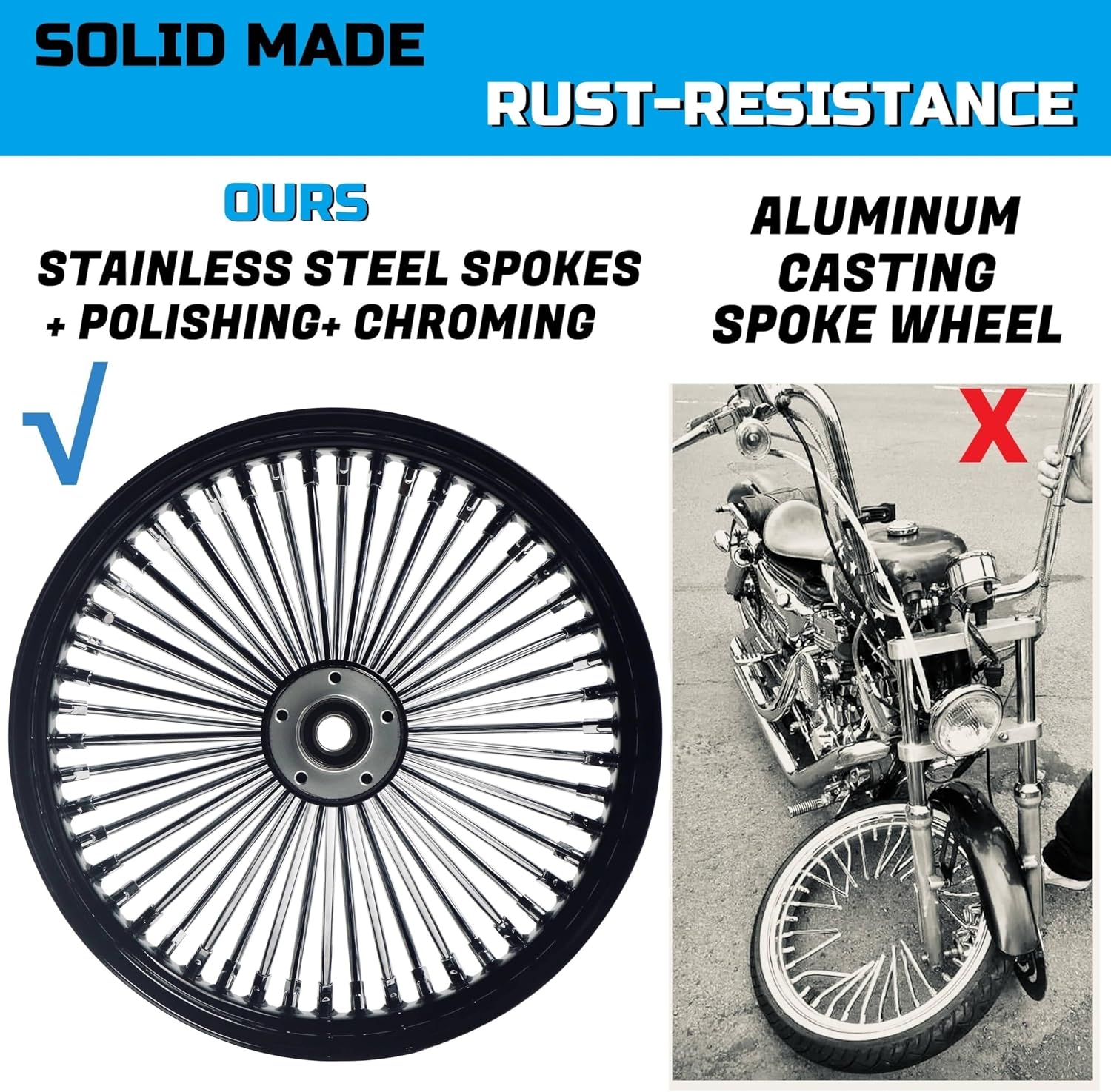 FatFlex 18" Rear Wheel Chrome Fat Spokes Black 3.5" Rim for 00-07 Harley Dyna/Softail/Touring – Dual Bearing (1" & 3/4") w/Reducer, Fat Spokes-1835R-1SM-BCB
