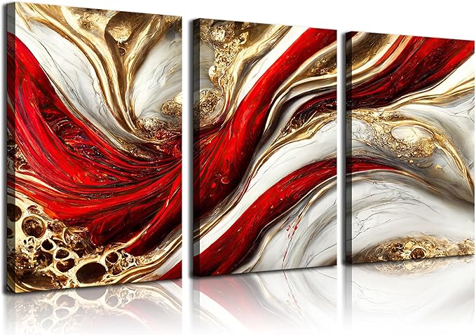 Amazon.com: 3Pcs Framed Red Gold Canvas Wall Art Abstract Marble Gilt ...