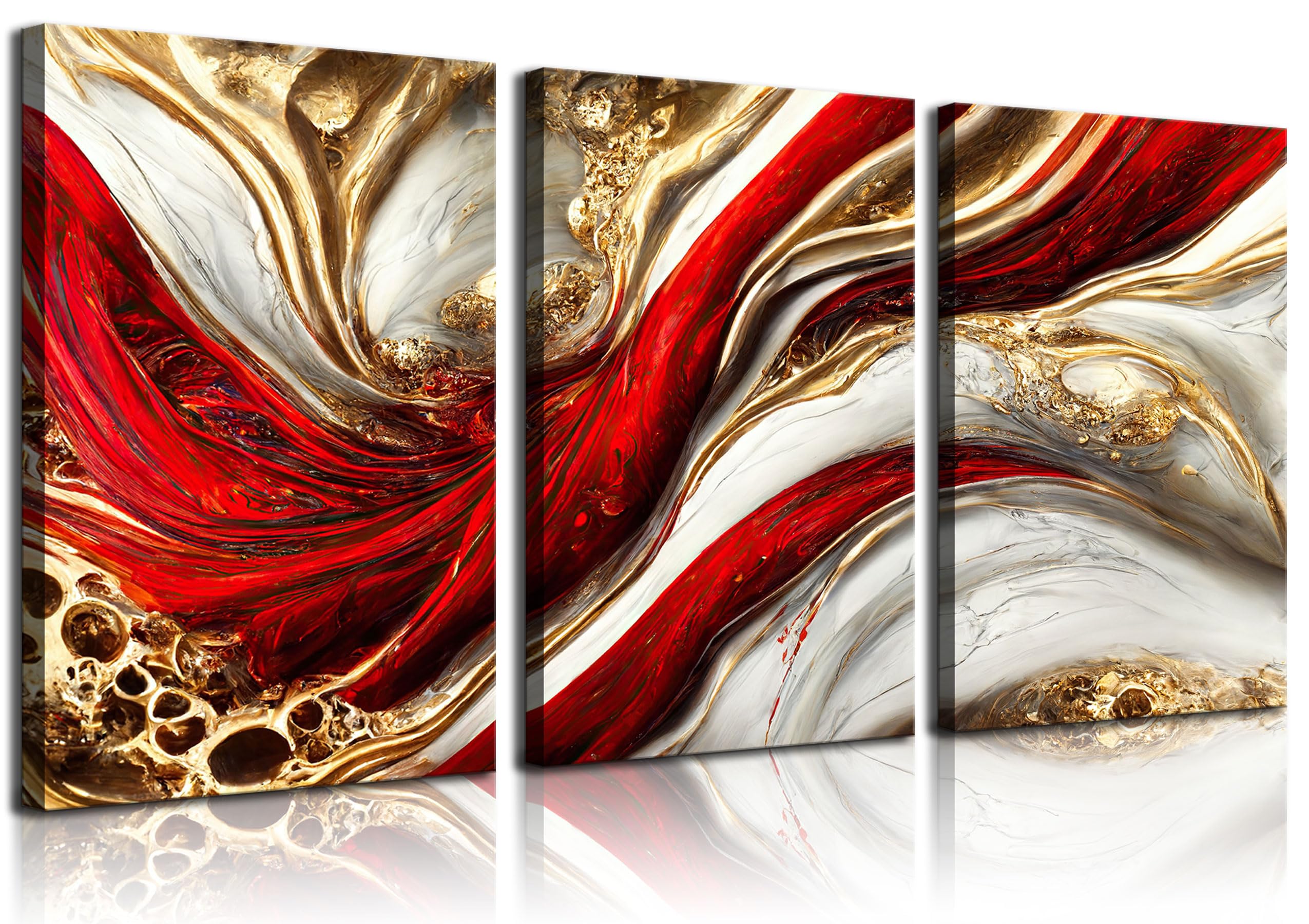 3Pcs Framed Red Gold Canvas Wall Art Abstract Marble Gilt Wall Decor Pictures Modern Red and Gold Paintings Prints Posters for Living Room Bedroom Office Home Decoration, Ready to Hang