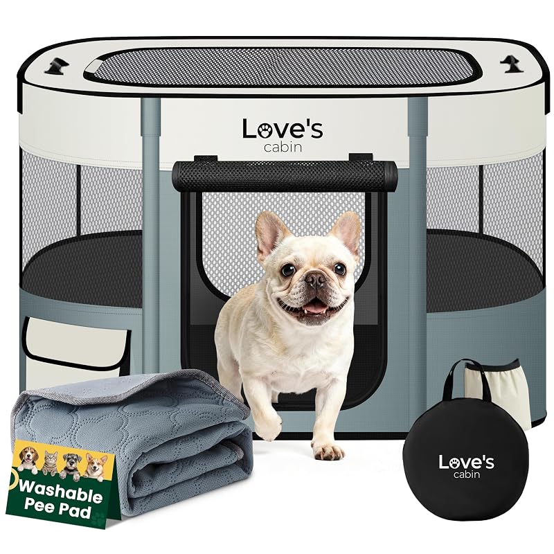 Cercadinho portátil para cães pequenos Love's cabin em tecido Oxford com almofada Gray green, Small