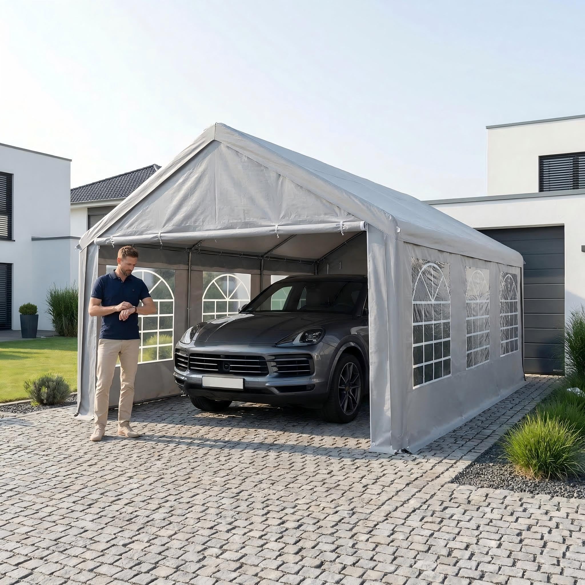 Partyzelt 4x8 m Wasserdicht UV-Schutz, Stabiler Garten Pavillon mit Seitenteilen und Fenstern, Winterfest PE-Plane Festzelt für Hochzeit Feier Außenbereich Grau