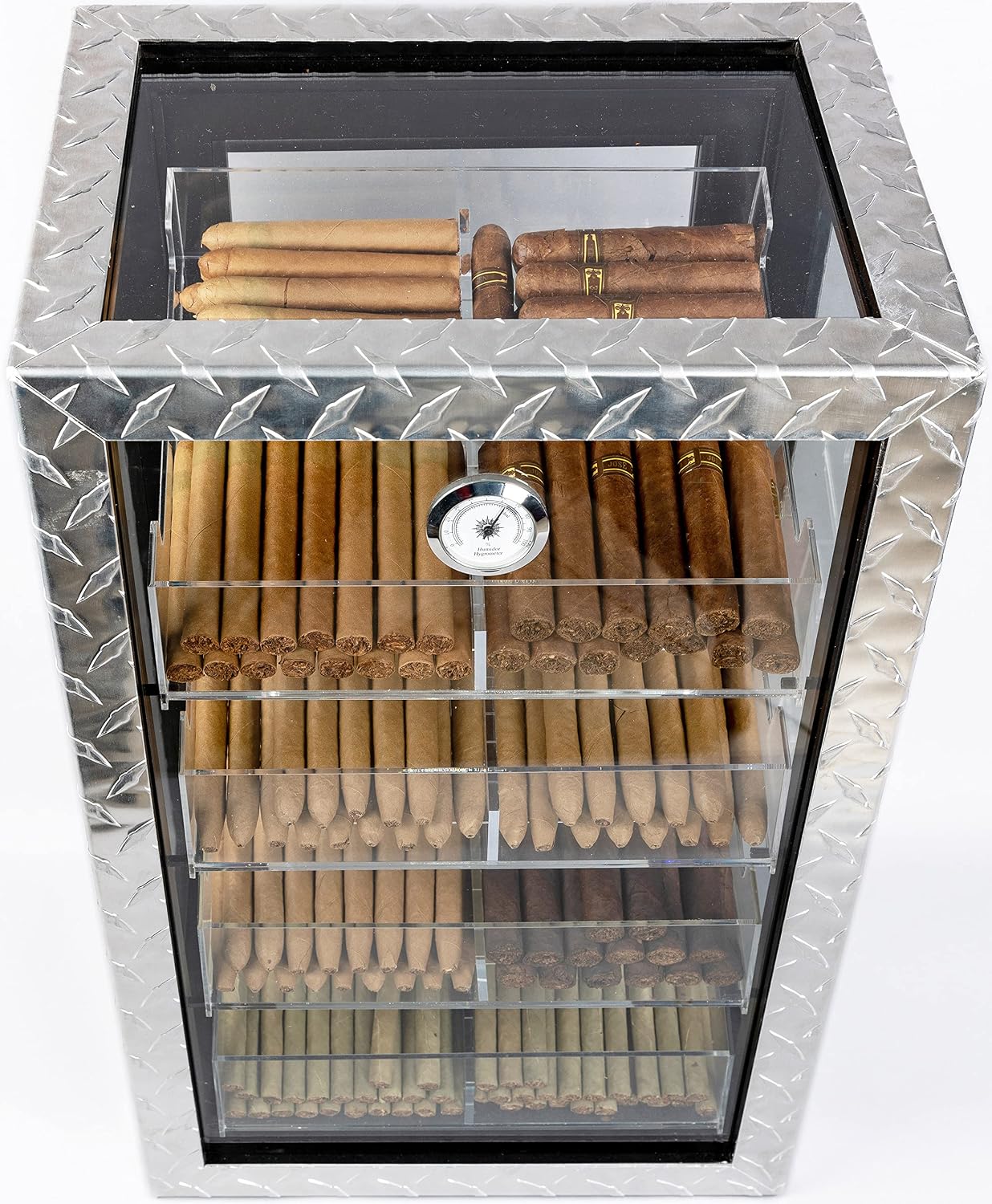 Prestige Import Group 360 View Diamond Plate & Glass V2 Countertop Display Humidor with Lock & Key Door - Holds up to 250 Cigars