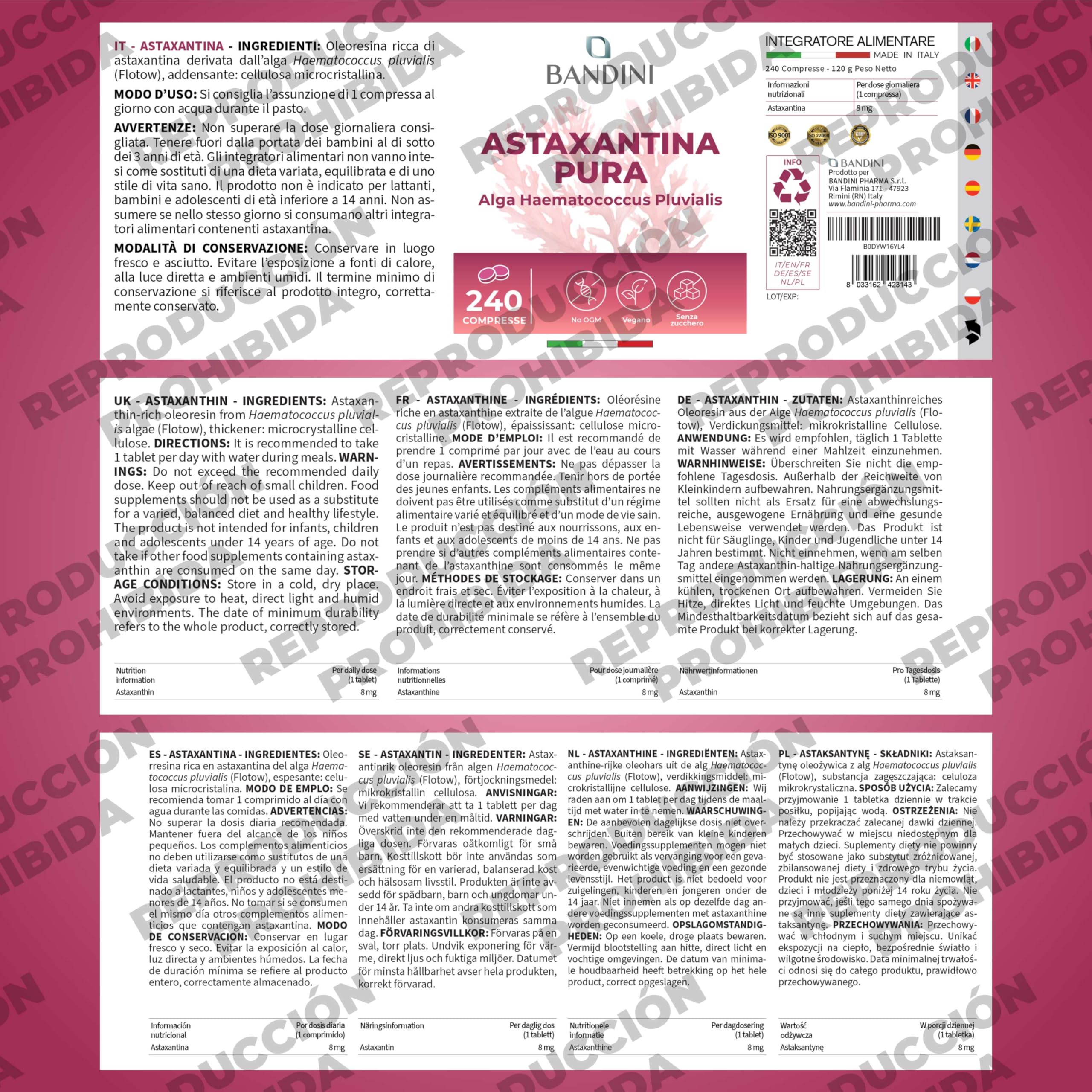 Bandini® Astaxantina 240 tabletas (suministro para 8 meses), Pura 8 mg por comprimido, Astaxanthin natural de microalga Haematococcus Pluvialis, sin estearato de magnesio, sin OGM, 100% vegano