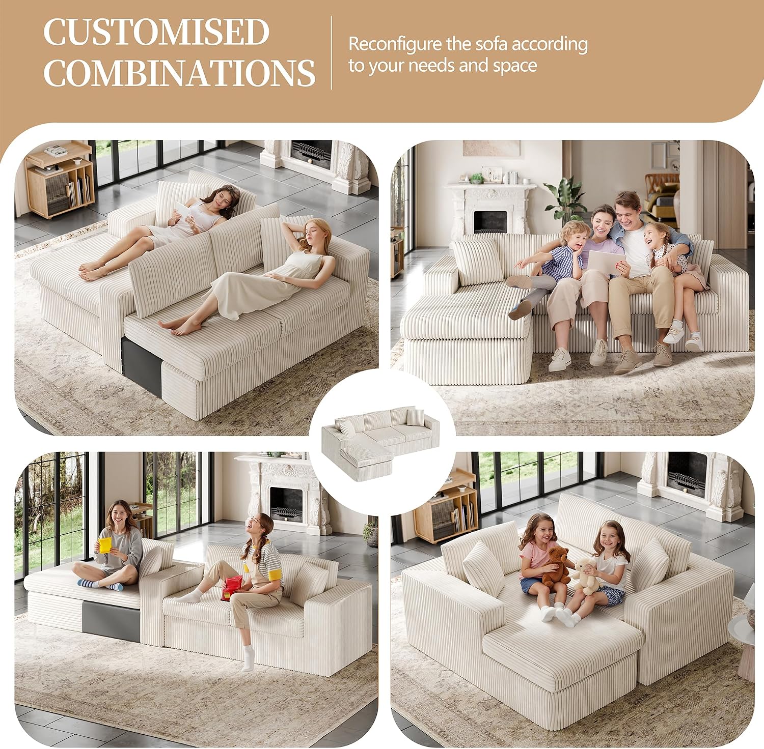 Vongrasig 105" Modular Sectional Sofa L-Shaped Chaise Memory Foam Corduroy Beige No Assembly