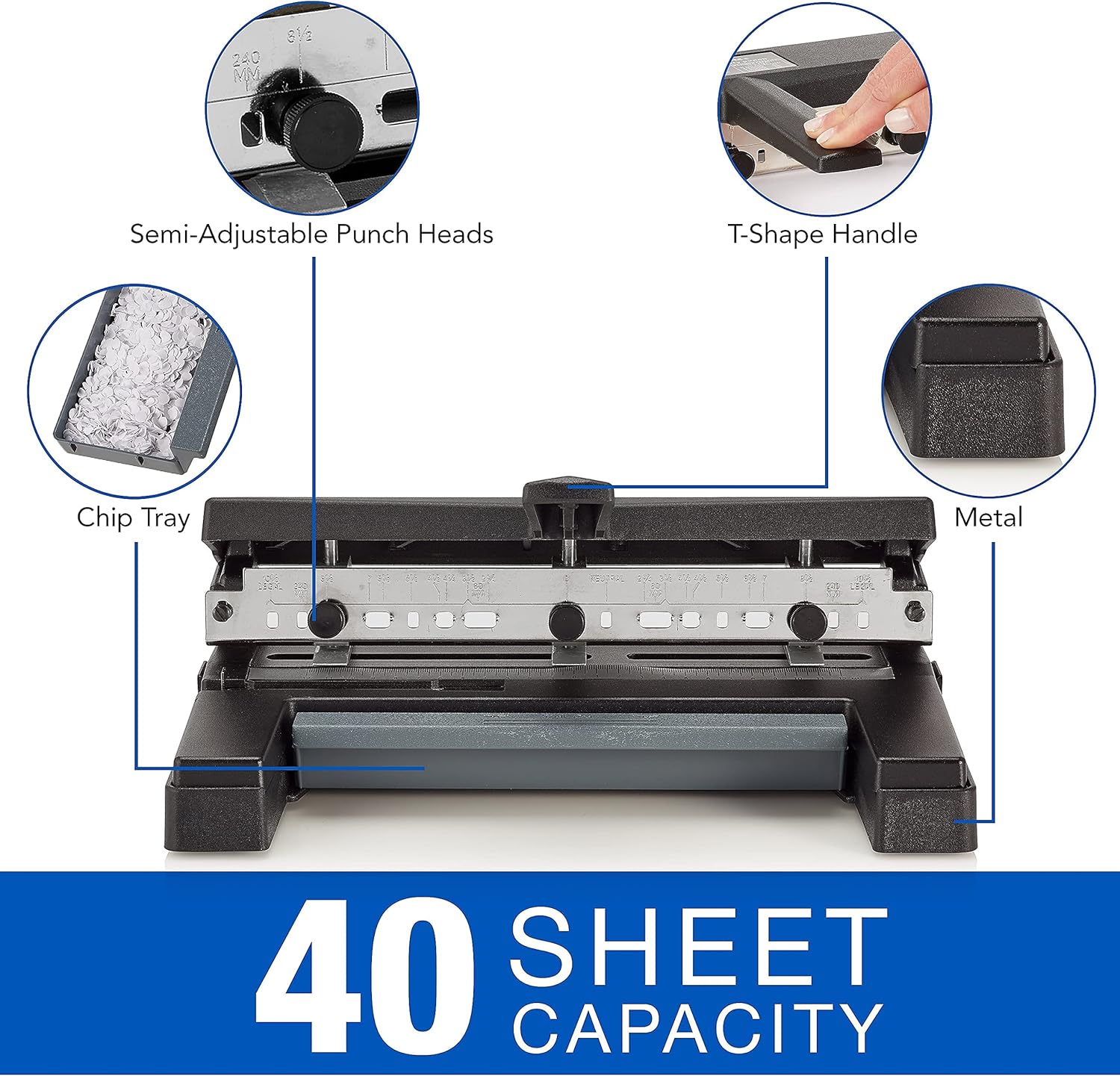 Swingline 3 Hole Punch Heavy Duty, 40 Sheet Capacity Three Hole Puncher 3 Ring, Adjustable 2-4 Hole Paper Punch, Black (74450)