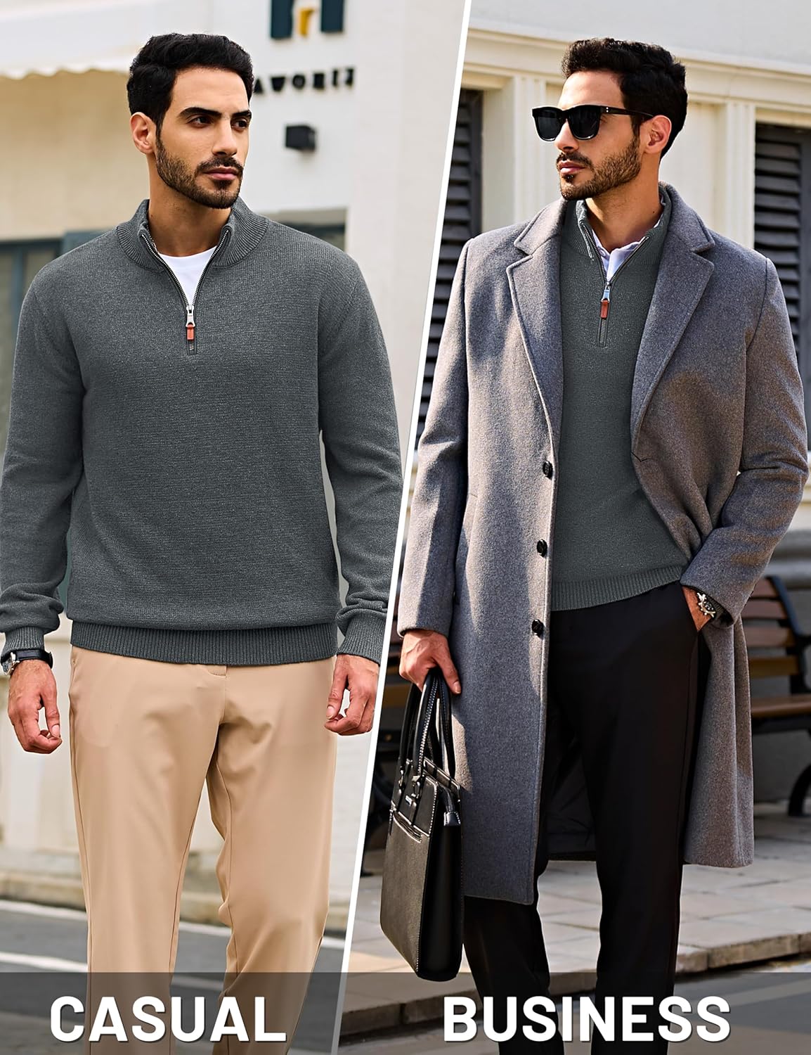 Cotrasen Mens Sweater Quarter Zip Pullover Casual Knit Cotton Long Sleeve Mock Neck Polo Sweaters - Image 4