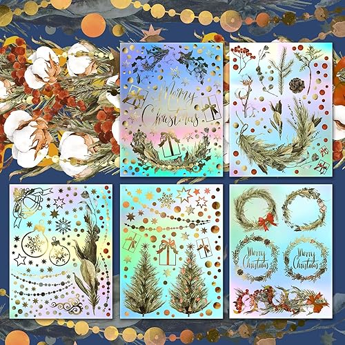 HANATABA - Juego de pegatinas holográficas para pared, diseño de árbol de Navidad y corona, diseño vintage Art Deco para computadora portátil,