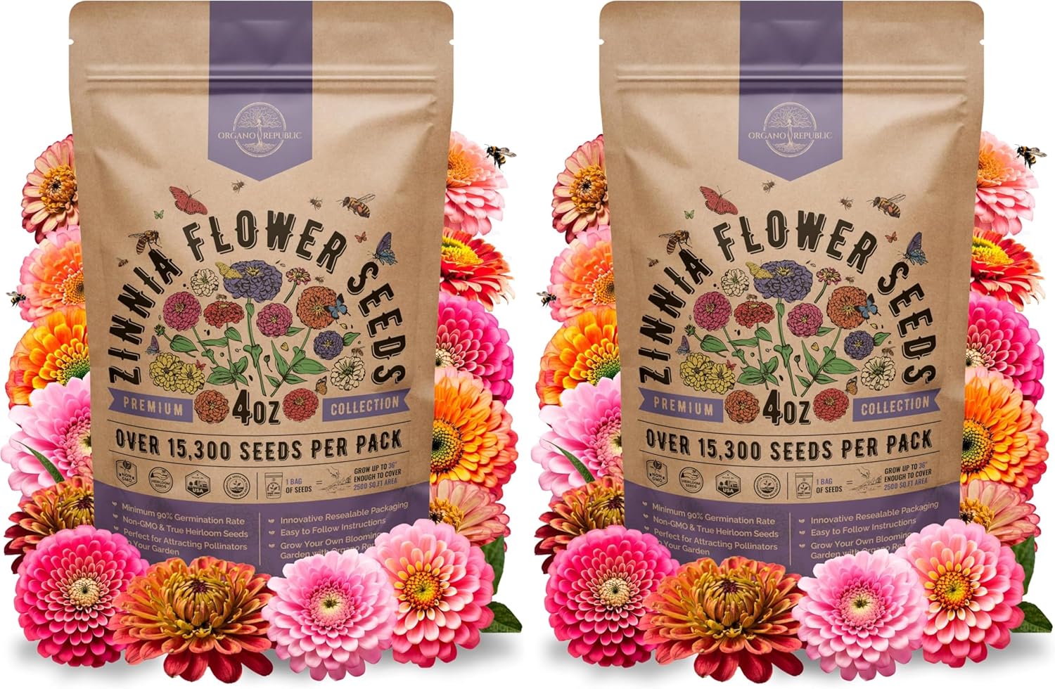 Zinnia Seeds Pack 4 oz - Over 15,300 Non-GMO Heirloom Zinnia Seeds for Planting, Annual Flowers in Individual Seed Packet for Planting Home Garden Indoor & Outdoor Gardening (Pack of 2)