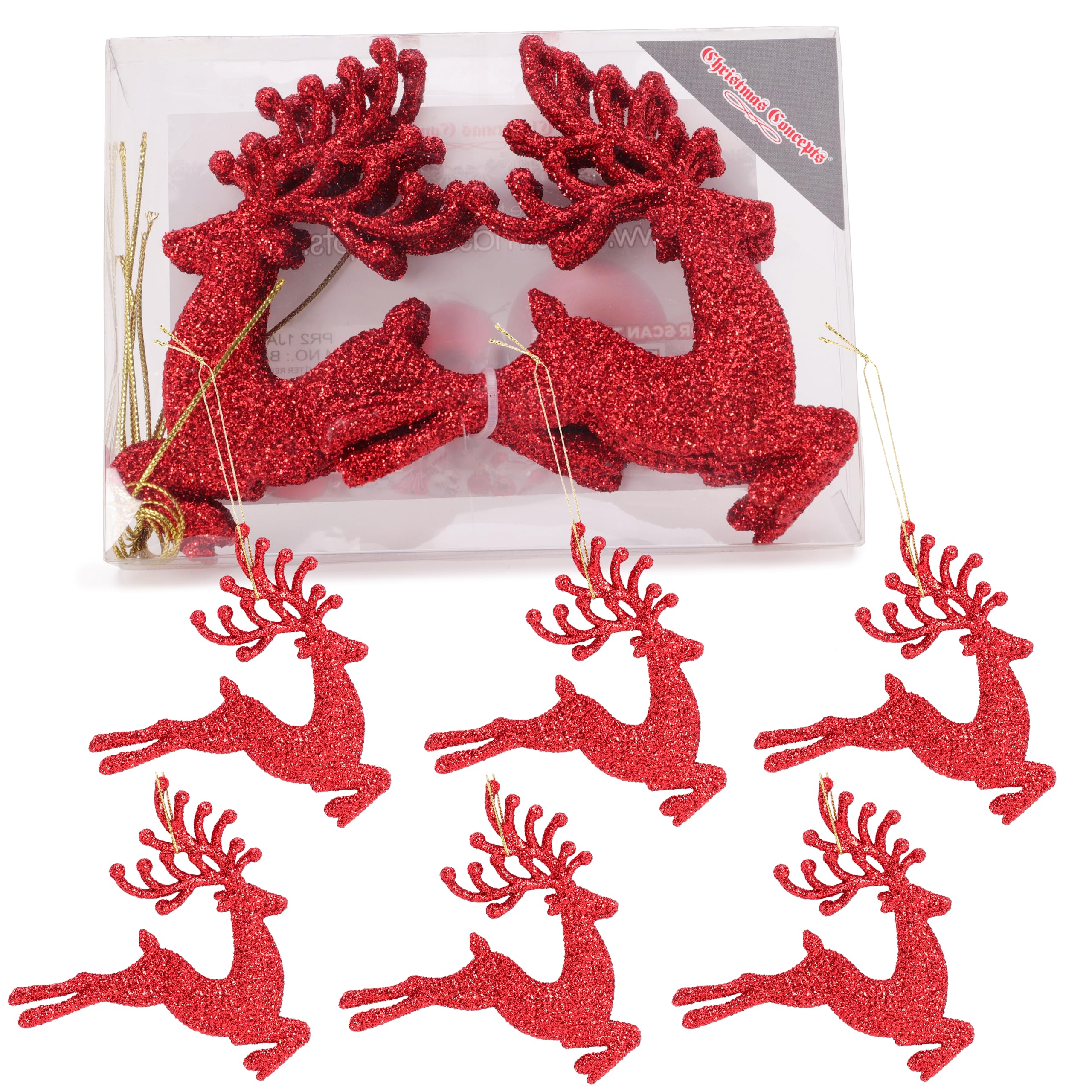 Christmas Concepts Red Christmas Concepts®- 100Mm (4") Pack Of 6 Glittery Reindeer Baubles - Christmas Tree Decorations (Red)
