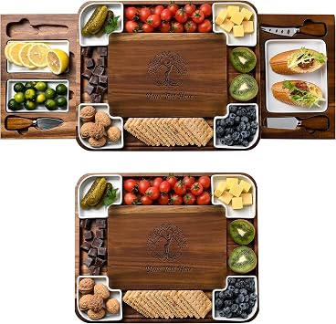 Shanik Personalized Charcuterie Board & Cheese Platter Set Large Acacia Wood with Custom Engraving, 4 Ceramic Bowls, Cutlery & Hidden Drawers Wedding, Anniversary & Housewarming Gift