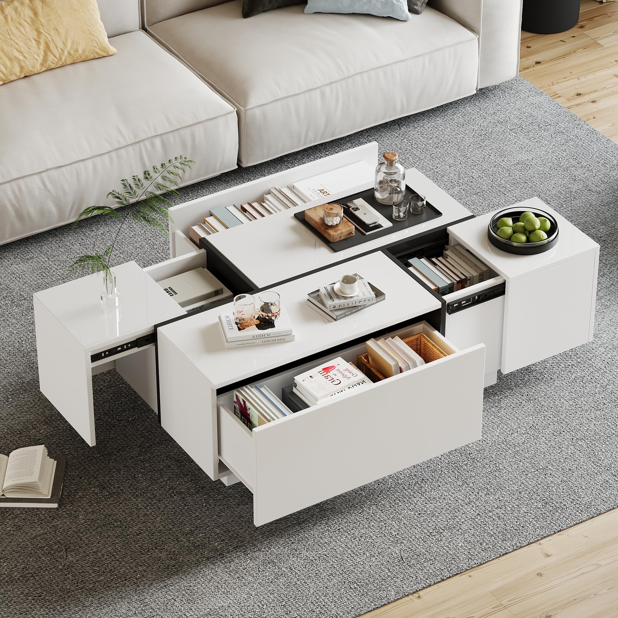 Merax Couchtisch Rechteckiger, Moderner Wohnzimmertisch Ausziehbar mit Schiebetischplatte, Multifunktions-Kaffeetisch mit 4 Schubladen, Hochglanz Sofatisch Beistelltisch für Wohnzimmer, Büro, Weiß