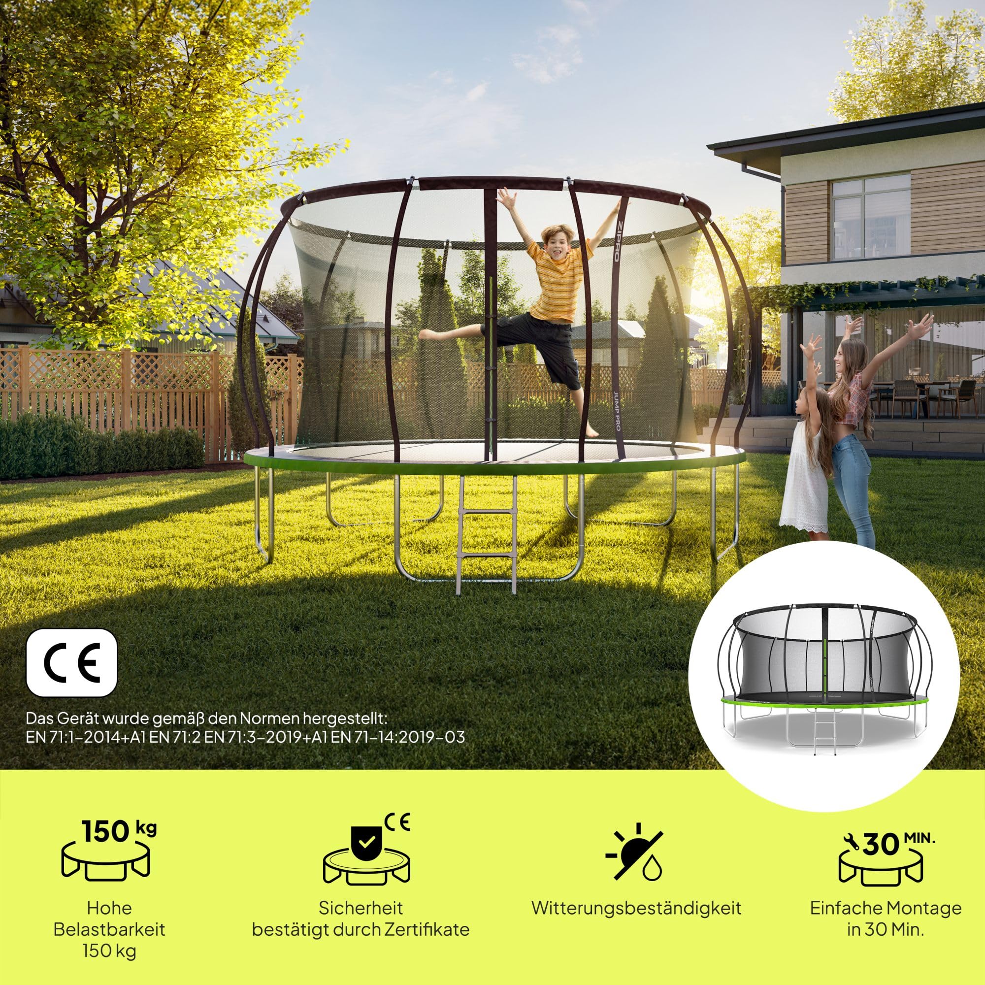 ZIPRO JumpPro Premium Trampolin Outdoor, Gartentrampolin für Kinder, mit Innennetz, Wetterfest, UV-Schutz, Einfache Montage, Belastbar