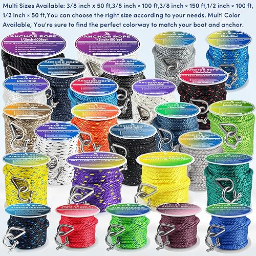 Vista 21 de Cuerda de anclaje premium de 100 pies x 3/8 pulgadas, cuerda marina de línea de anclaje MFP trenzada sólida con dedal y grillete, color negro