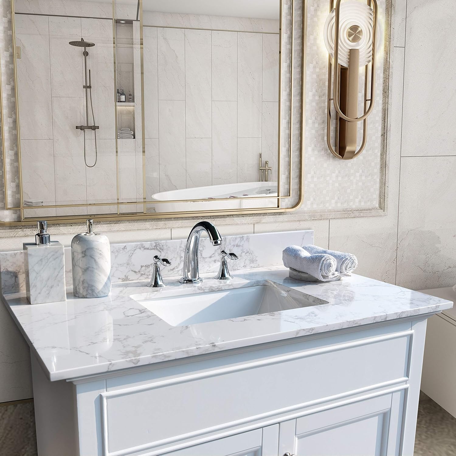 37" x22 Vanity Top with Under Mount Rectangle Bowl, Carrara White, artificial Marble Stone, 8" Pre-Drilled Holes, 37"x22" Vanity Top Sink, Reinforced Packaging (Not included Faucet)