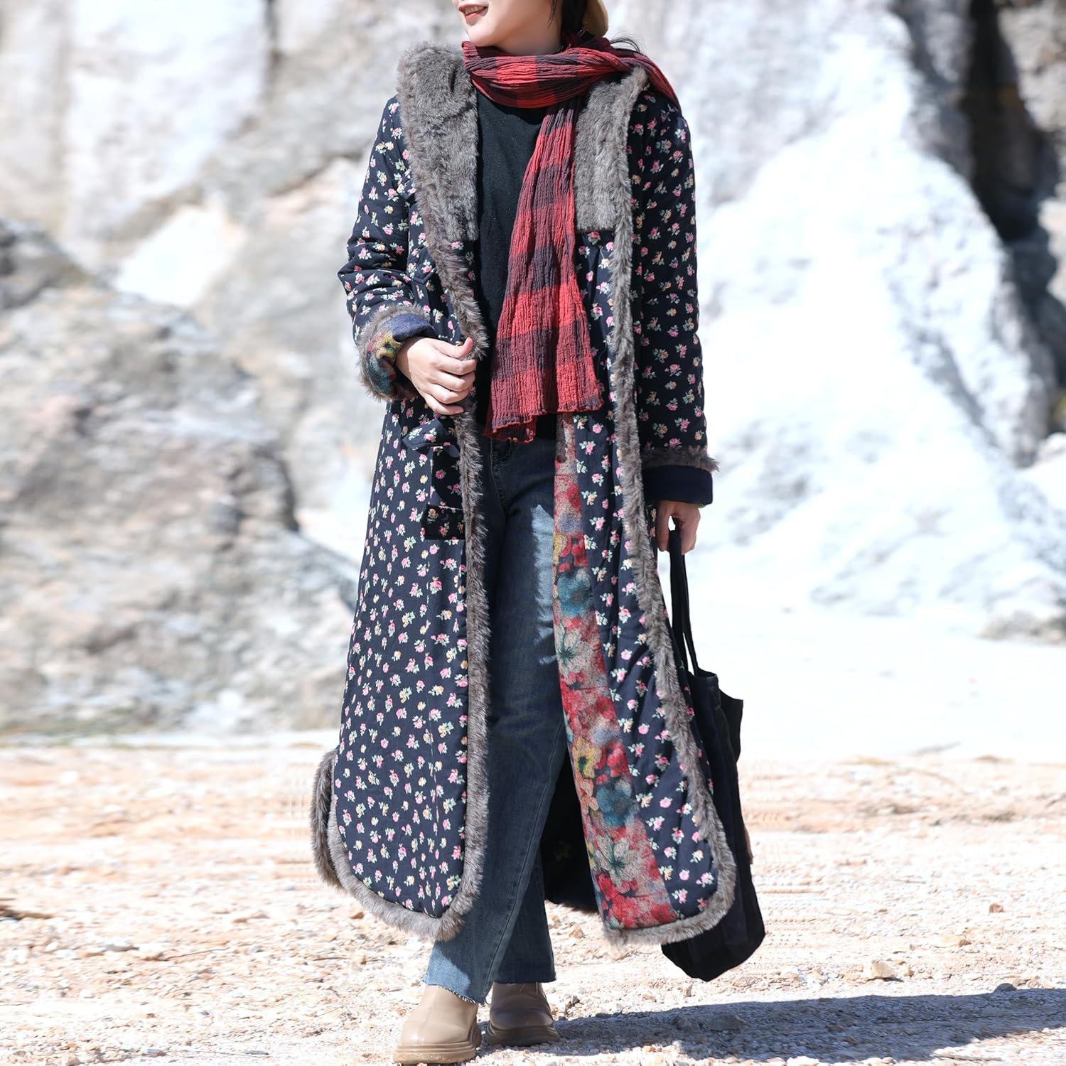 LZJN Women's Warm Overcoat Floral Print Long Jacket Cotton Linen Vintage PatchworkThin Cotton Hooded Winter Quilted - Image 7