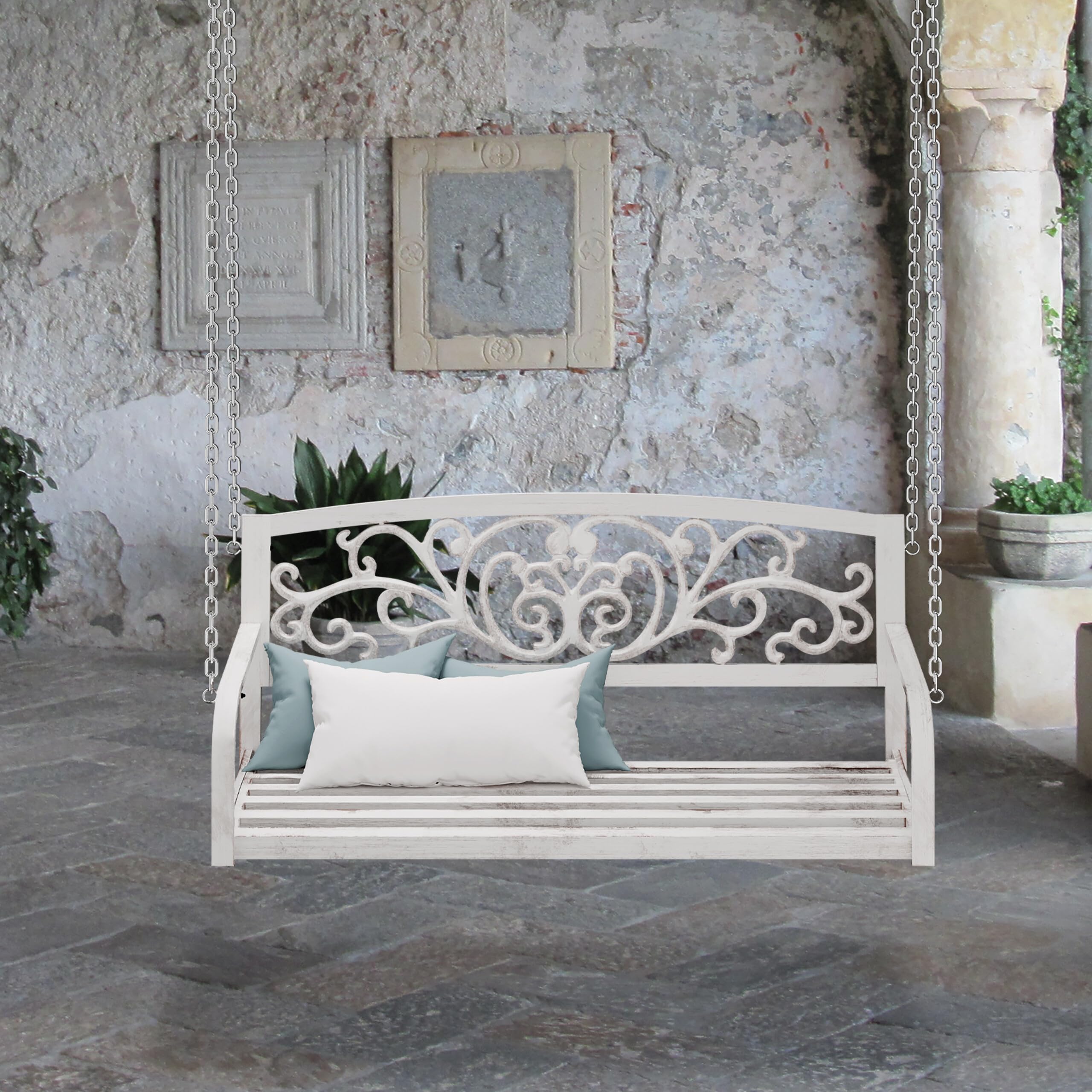 Relaxdays Hängebank, 2-Sitzer, Metall, HxBxT: 190x133x55 cm, Schaukelbank Outdoor, Vintage Gartenschaukel, weiß/Bronze