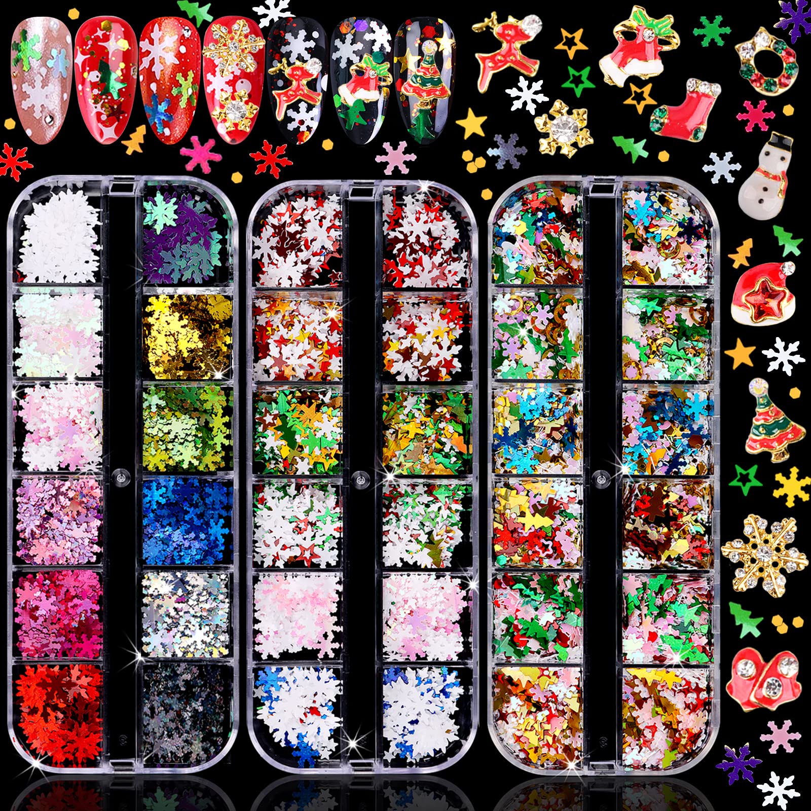EBANKU Christmas Nail Sequins - Mixed Shapes Laser Snowflakes Glitters Designs Xmas Colorful 3D Nail Flakes