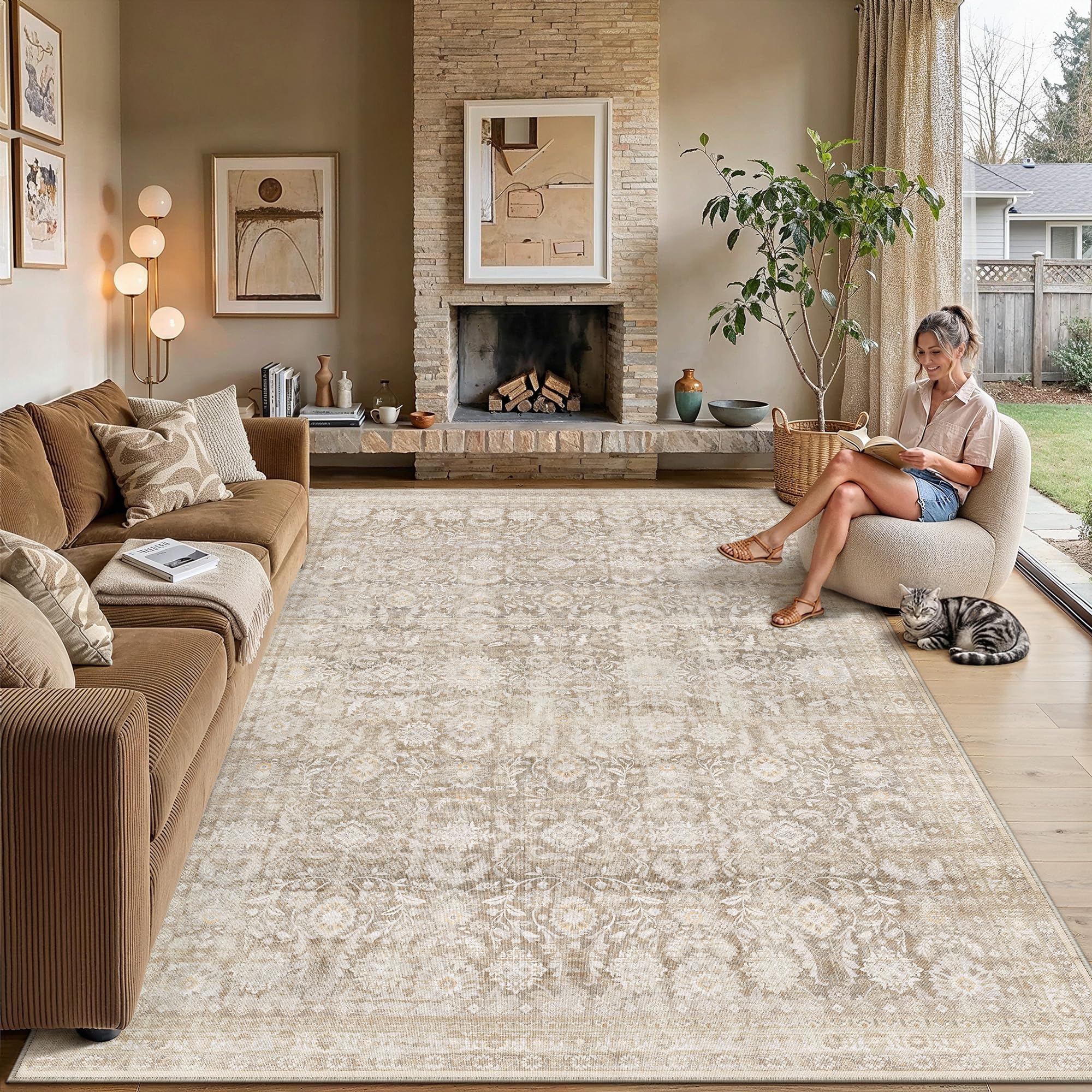 PureCozy Waschbarer Teppich Wohnzimmer Vintage Tepich Living Room | Vintage Kurzflor Rutschfest Carpet,Eingang, Flur, Badezimmerteppich, Korrido, Schlafzimmer, Küche