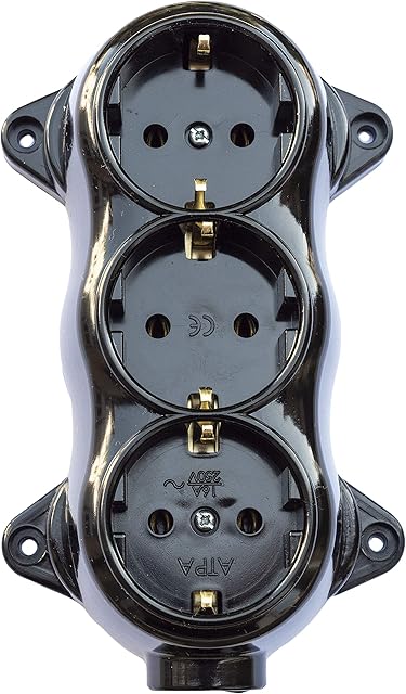 Socket Safe Retro 3-Way 16A 250V Surface-Mounted Brass Thick Black Retro Bakelite Look Old