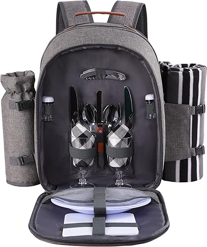 Miniatura 2 de Apollo Walker Juego de mochila de picnic para 2 personas con compartimento refrigerador, soporte desmontable para botellasvino, manta de forro