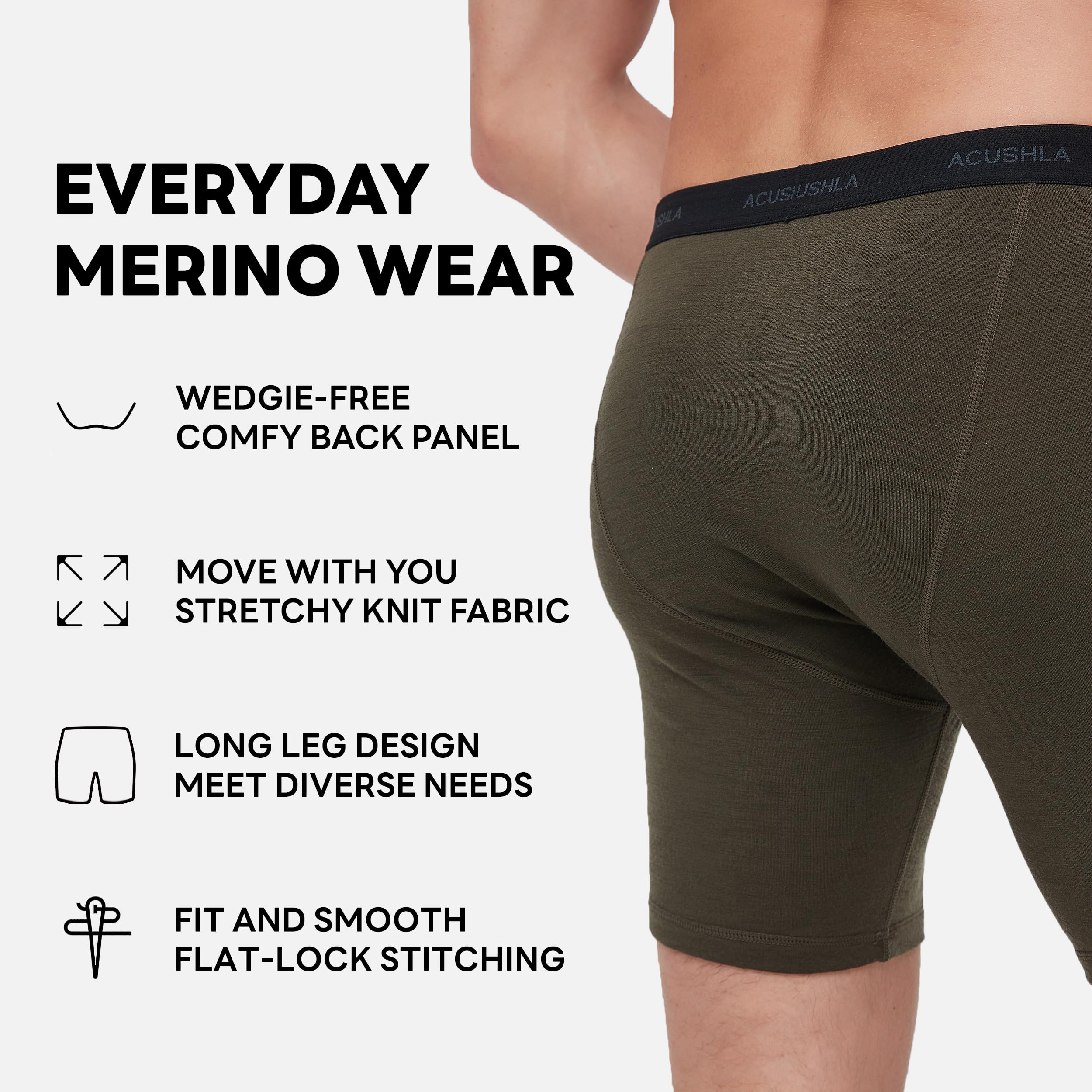 ACUSHLA Ropa interior de lana merino para hombre, transpirable, suave, control de olores, capa base, calzoncillos