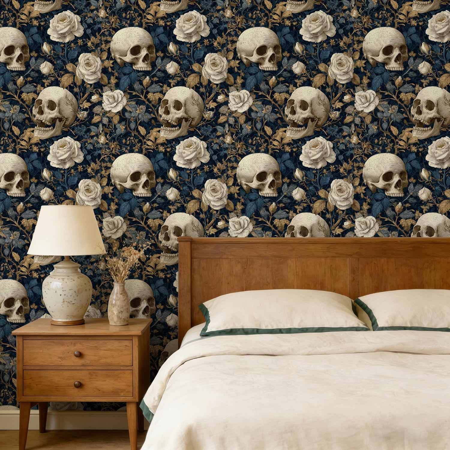 Peel and Stick Wallpaper - Gothic Dark Blue Skull & White Rose, Removable Self-Adhesive Mural for Living Room & Accent Wall, Edgy Luxe Decor, 17.7x236 Inch
