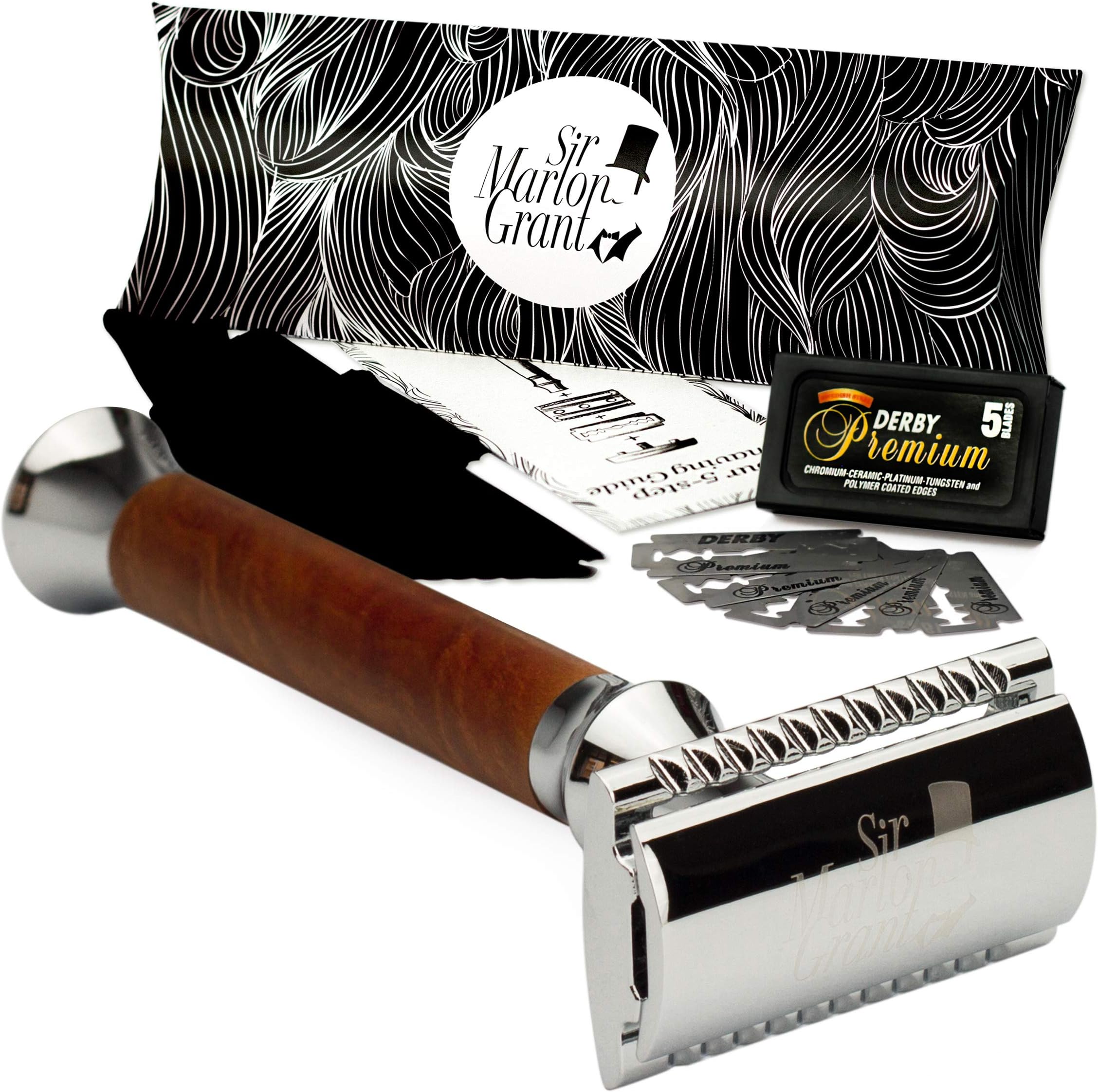 Shaving Kit by Sir Marlon Grant – Gift Set with a Double Edge Safety Razor with Chrome & Lychee Wooden Handle, 5 Derby Premium Razor Blades & Microfiber Cleaning Cloth – for Traditional Wet Shaving