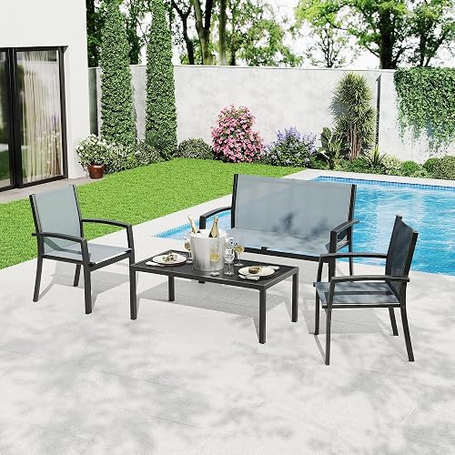 4 Piece Patio Conversation Sets with Loveseat, Chairs & Coffee Table | SLEKVERSA Outdoor Patio Furniture Sets, All-Weather Patio Bistro Set for Backyard, Deck, Porch, Lawn, Grey
