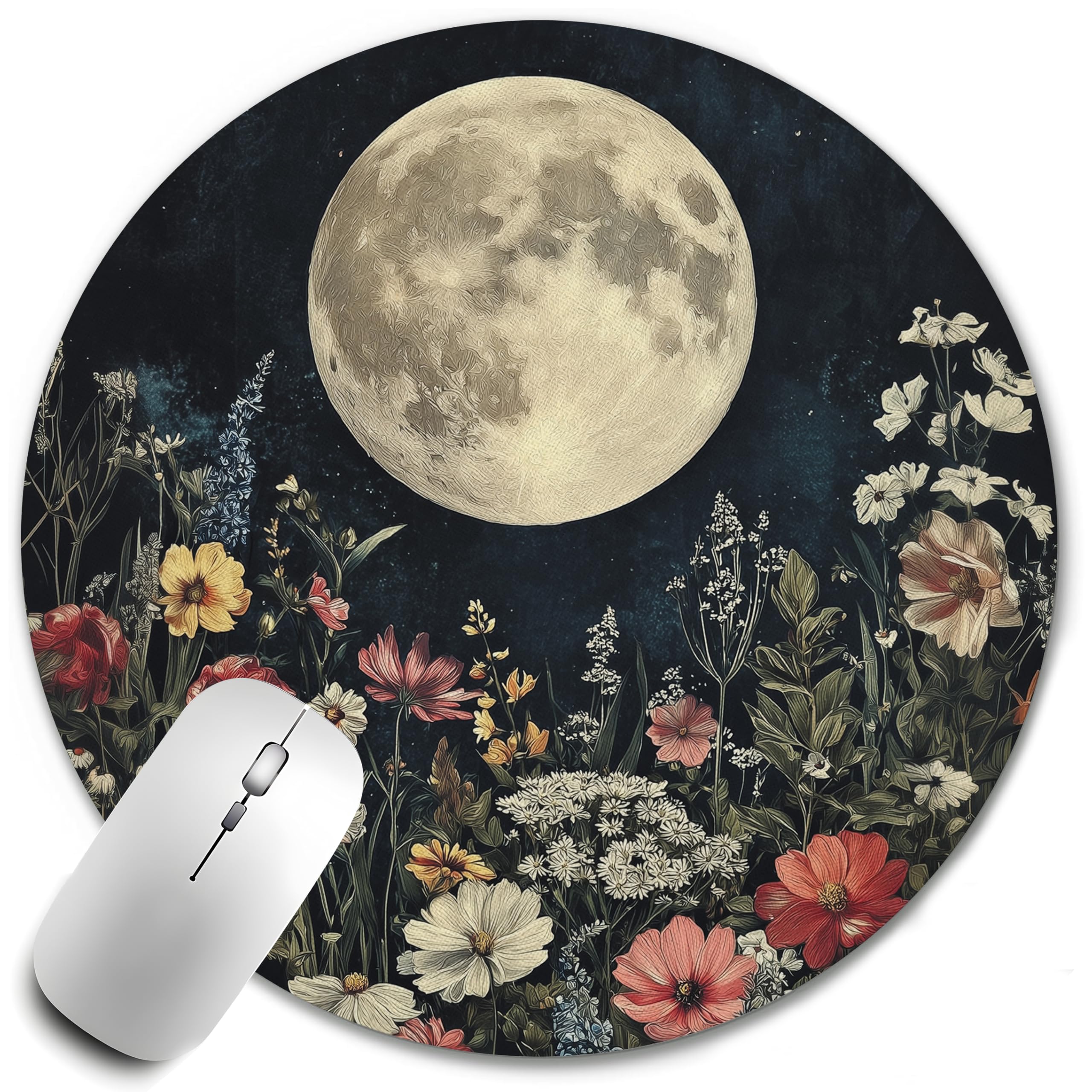 WOOGCHEIR Vintage William Morris Moon Floral Round Mousepad,Aesthetic Mouse Pad, Boho Floral Office Decor for Women Desk Accessories Retro Flowers Mousepad,Aesthetic Office Supplies,7.9x7.9 Inch