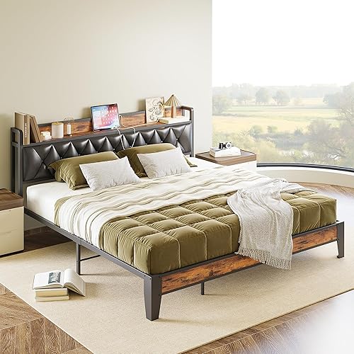 Miniatura 9 de ANCTOR Base de cama King, cabecera de almacenamiento con tomas, fácil de instalar, resistente y estable, sin ruido, no necesita somier, marrón