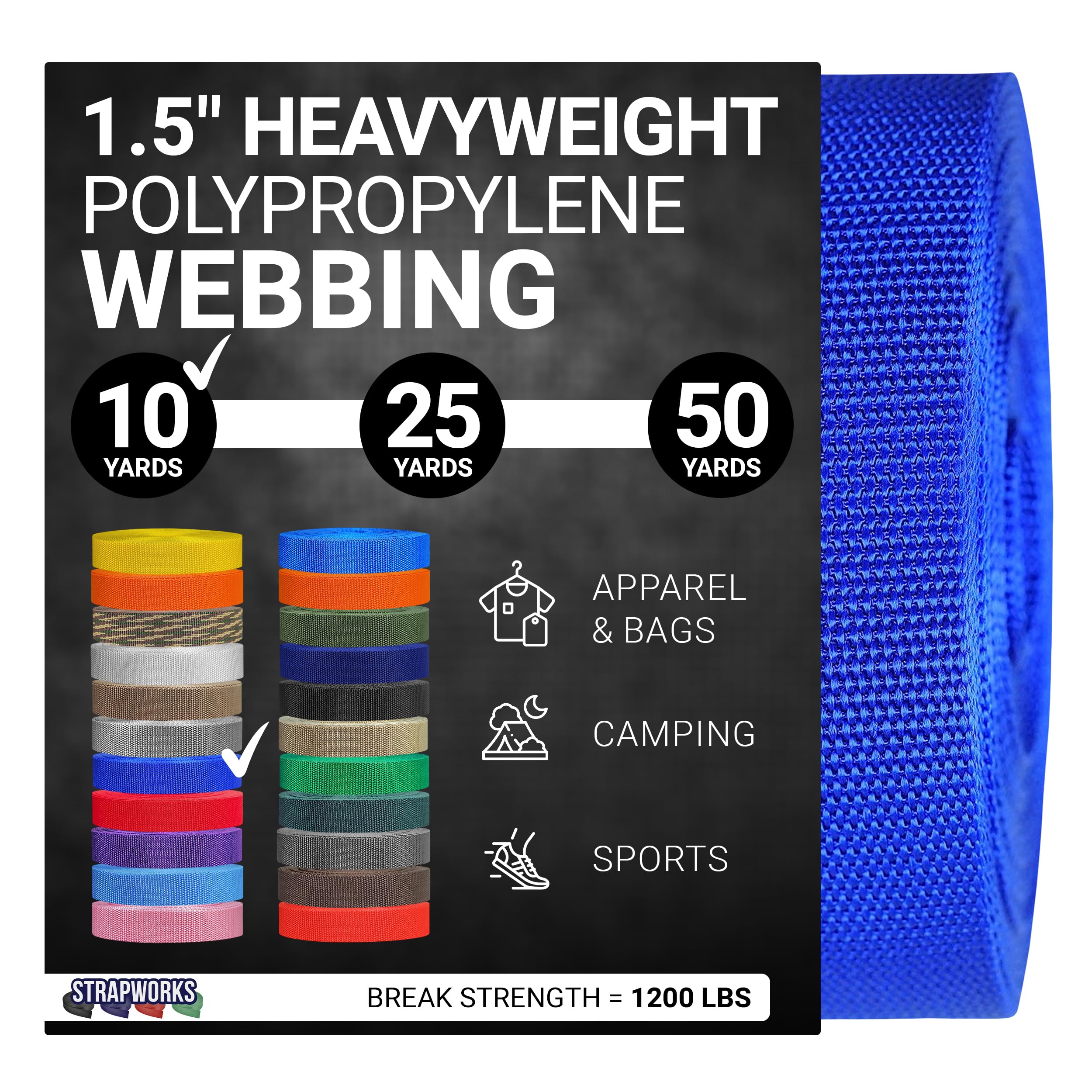 Strapworks Heavyweight Polypropylene Webbing - Heavy Duty Poly Strapping for Outdoor DIY Gear Repair, 1.5 Inches