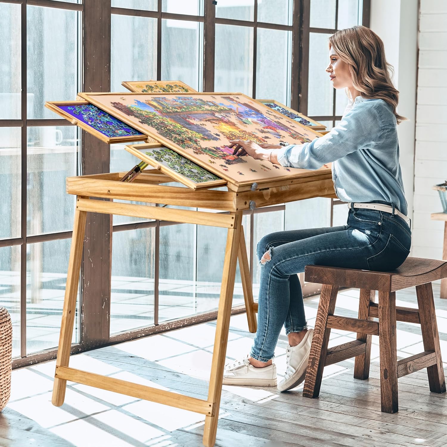 Jigsaw Puzzle Table Storage Portable Folding Tilting Table with 5 Drawer for 1500 pcs Play Table with Non-Slip Surface Mat & Dust-proof Cover for Adults Kids Boy Girl Gift for Puzzle Amateur