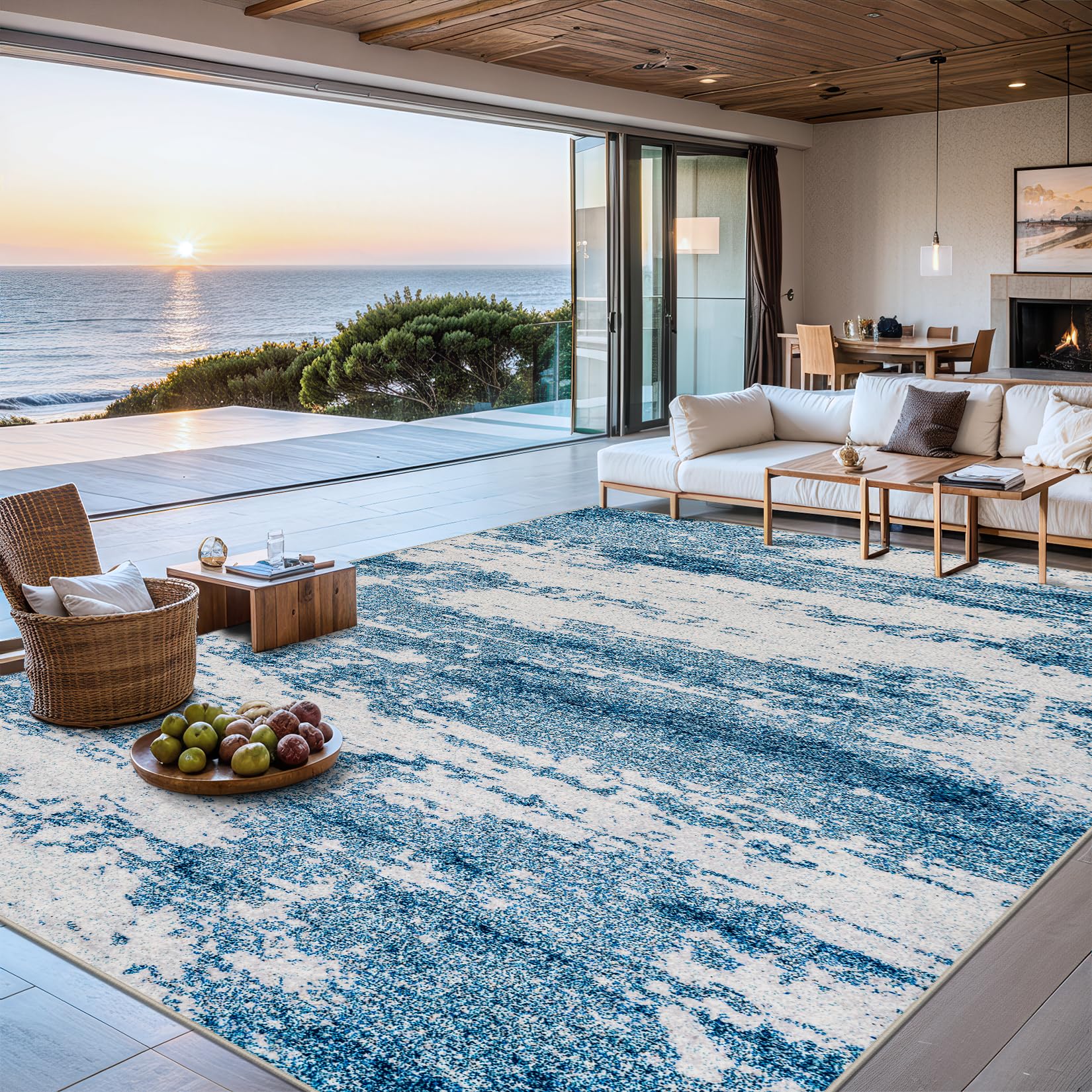 8x10 Area Rugs for Living Room - Washable Rug Modern Abstract Soft Large Neutral Non-Slip Carpet Indoor Floor Stain Resistant Thin Carpets for Bedroom Dining Room Farmhouse Nursery Home Office Blue