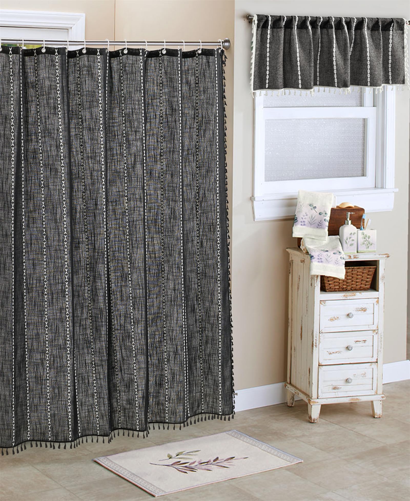 RoomTalks Black Boho Shower Curtain Set with Tassels - Premium Quality Heavy Duty Modern Farmhouse Vintage Shower Curtain Bohemian Cottage Bathroom Decor, Waterproof & Washable