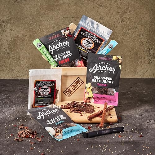 Vista 13 de Man Crates, Caja de carnes exóticas – Incluye 8 sabores de carne seca raros como venado, cocodrilo, alce – Se envía en una caja de madera sellada