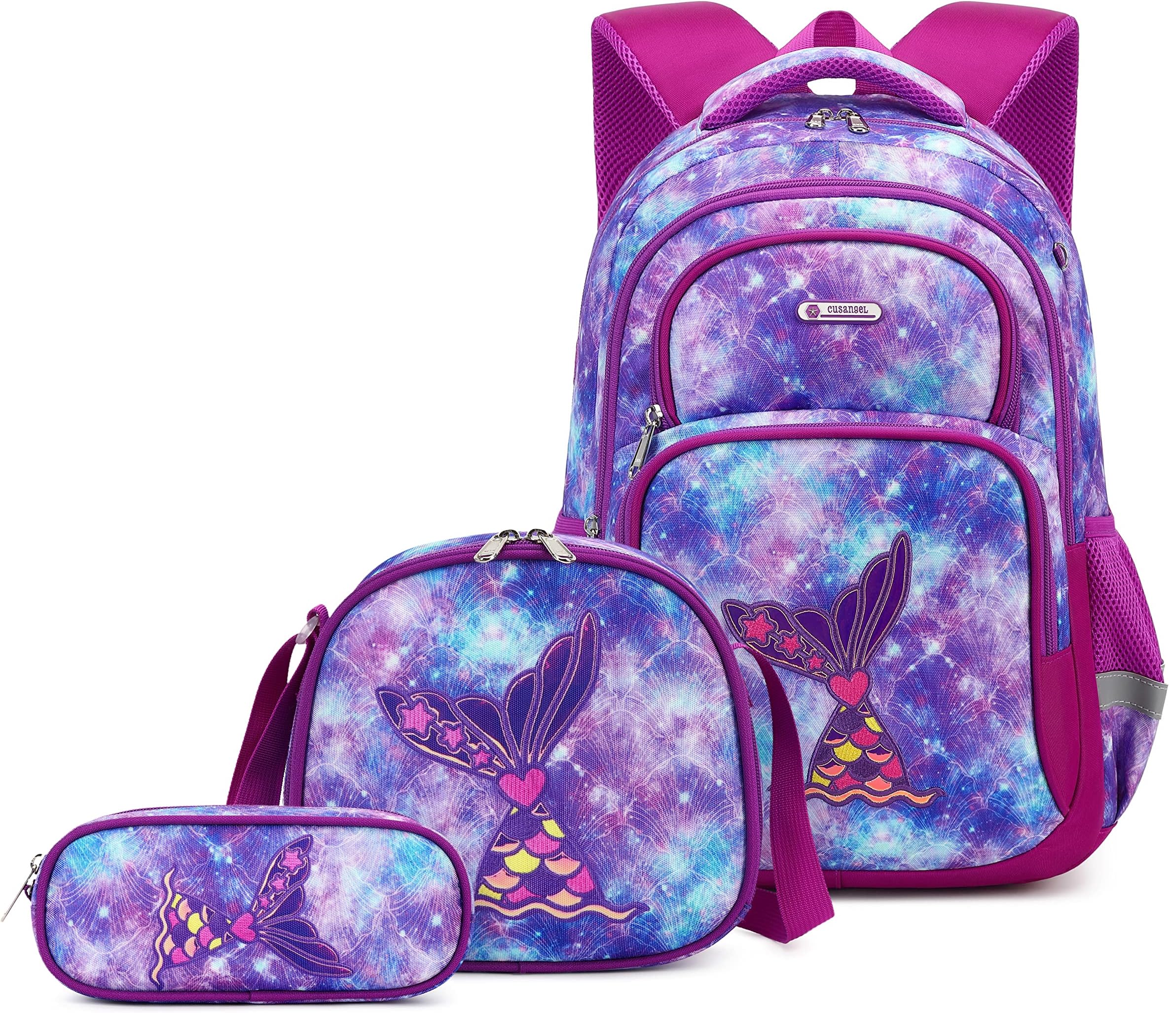 3Pcs Girls Backpack set with Lunch Box Pencil Case,memaid  backpack for Kids