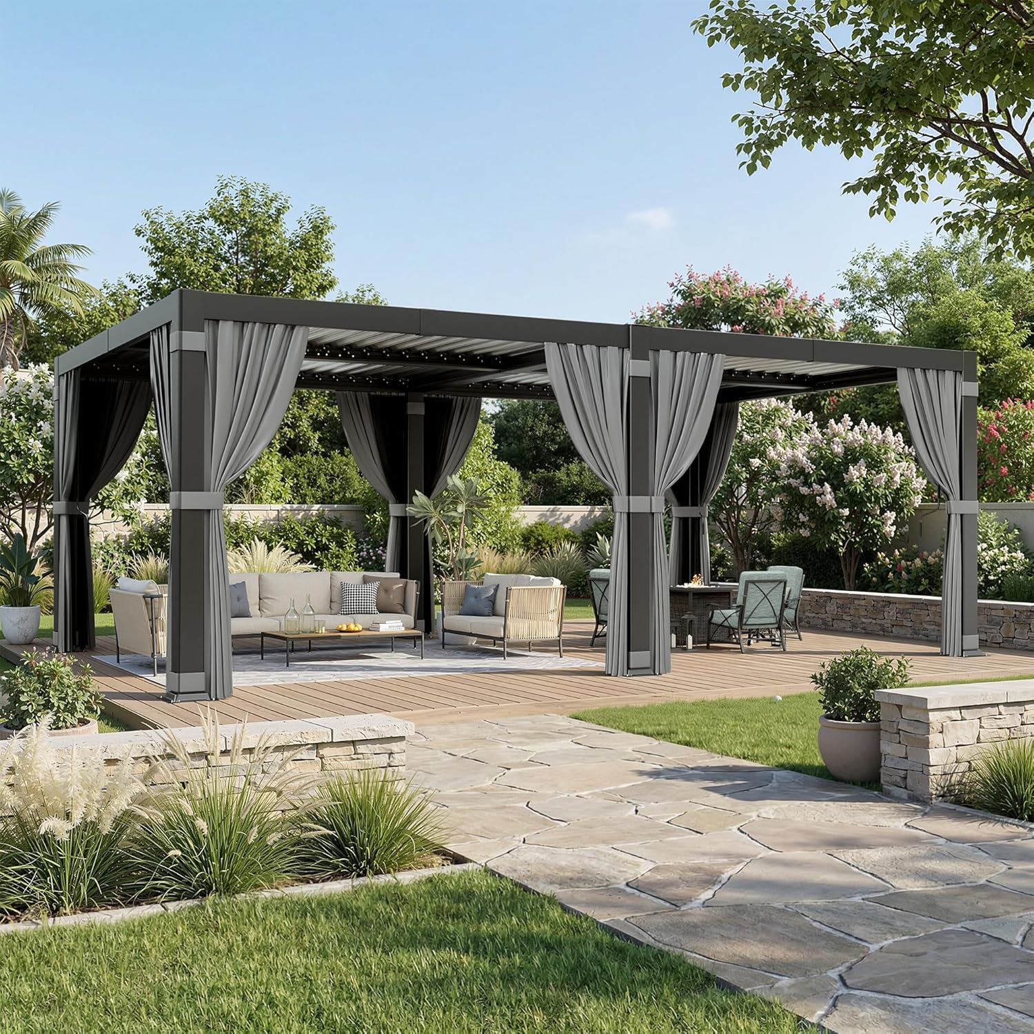 Airwire 12'x20' Louvered Pergola, Outdoor Pergola with 2 Independent Adjustable Roof and Drainage System, Aluminum Pavilion with Curtains & Netting, Hardtop Gazebo for Patio, Deck, Garden, Gray
