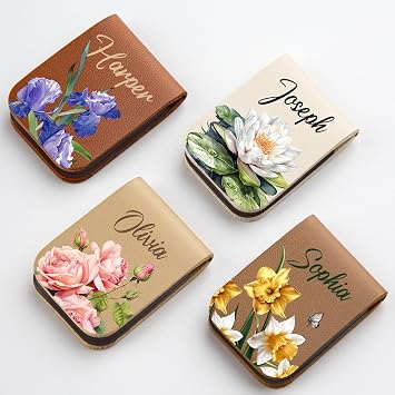 Personalized Leather Magnetic Bookmark with Birth Flower and Name
