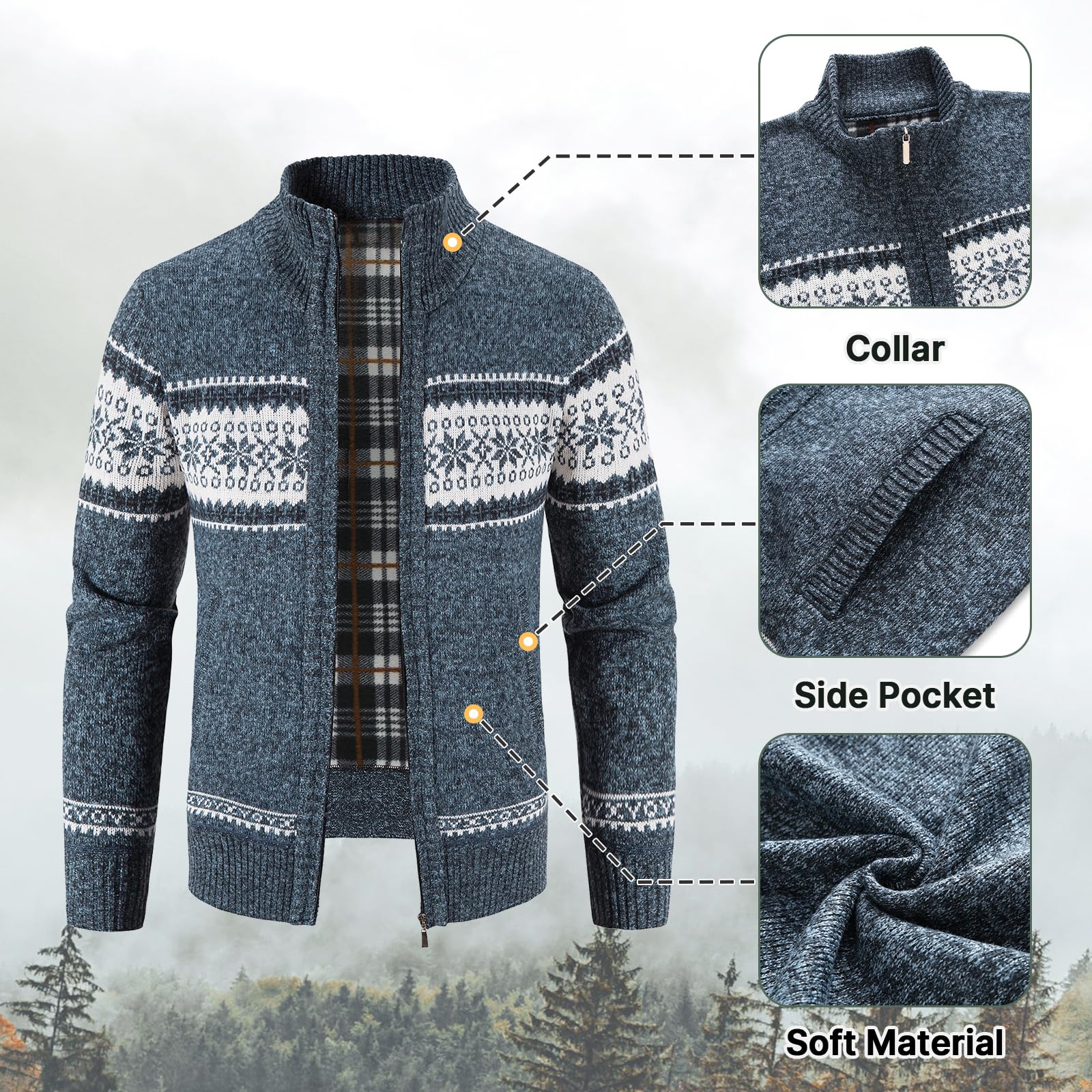 KUDORO Suéter de punto grueso para hombre, diseño de copo de nieve, cuello alto, forro polar, informal, para invierno