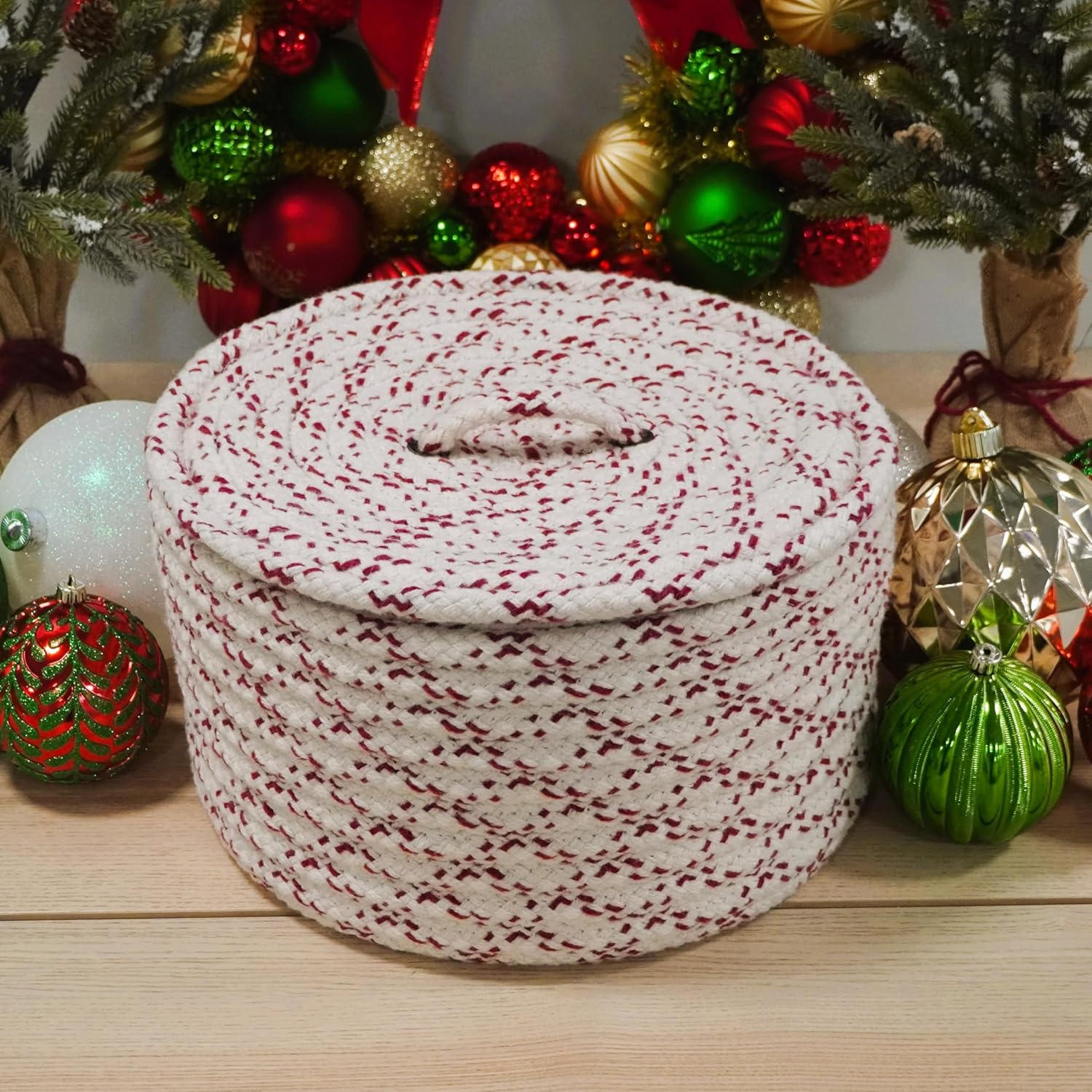Holiday Wool Lidded Crock Basket - Red 12”x12”x8”